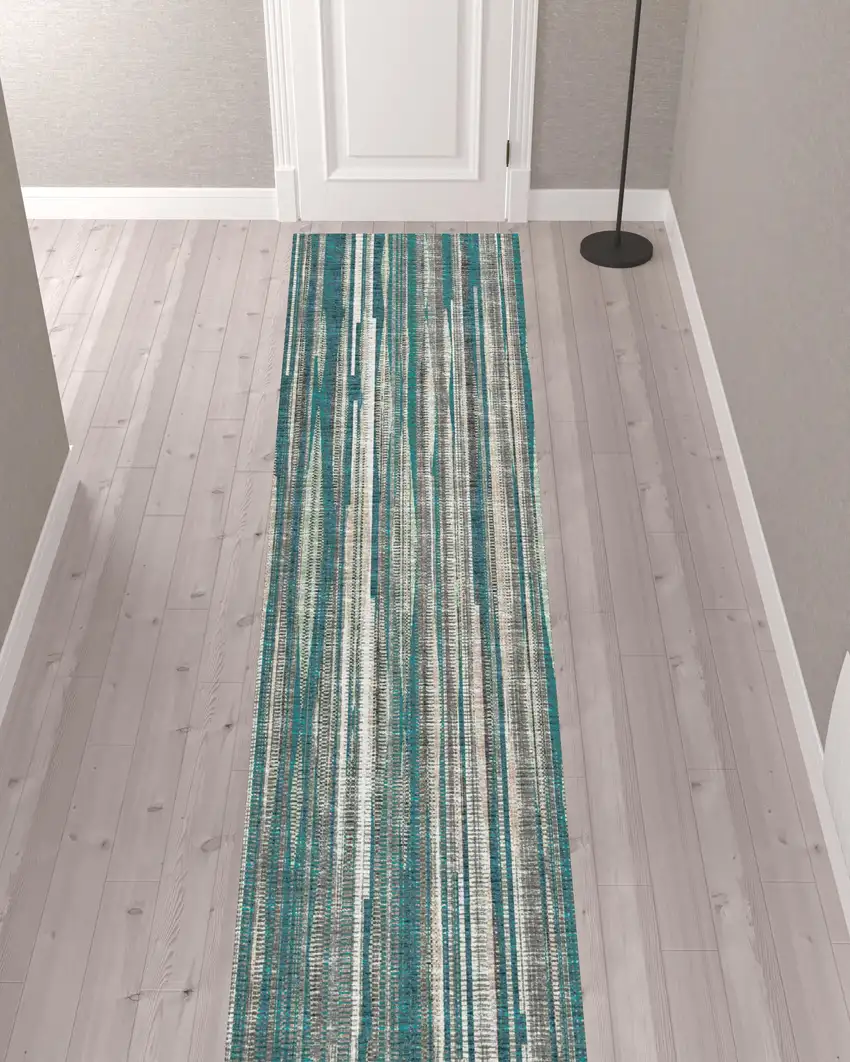 12' Blue and Ivory Ombre Hand Tufted Runner Rug Photo 2