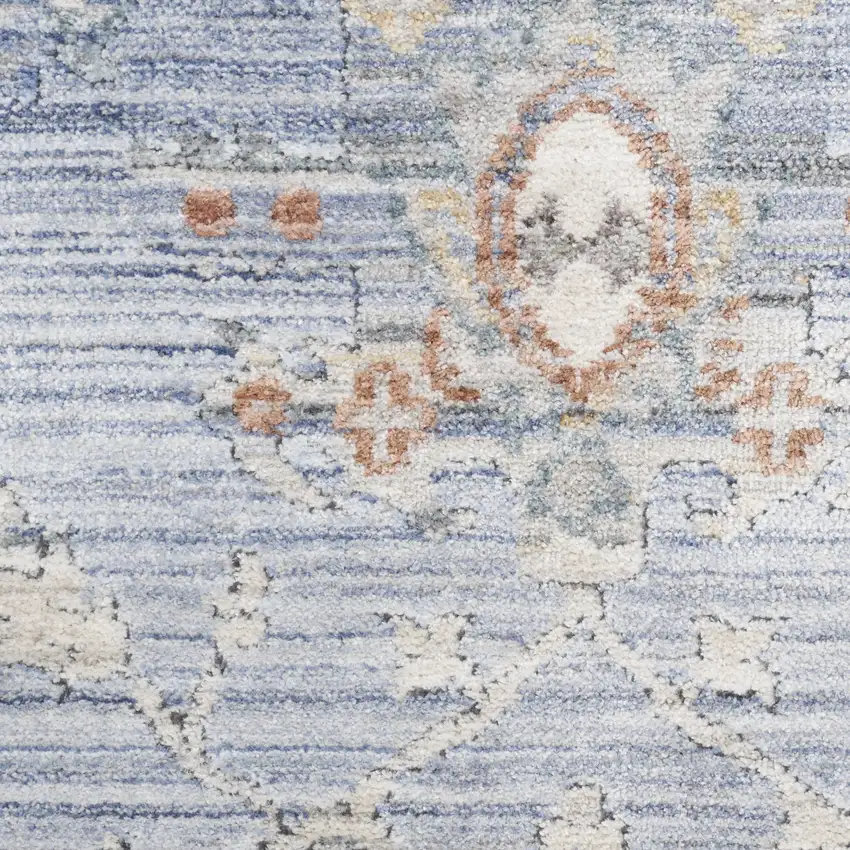 8' Blue and Ivory Oriental Power Loom Distressed Runner Rug With Fringe Photo 1