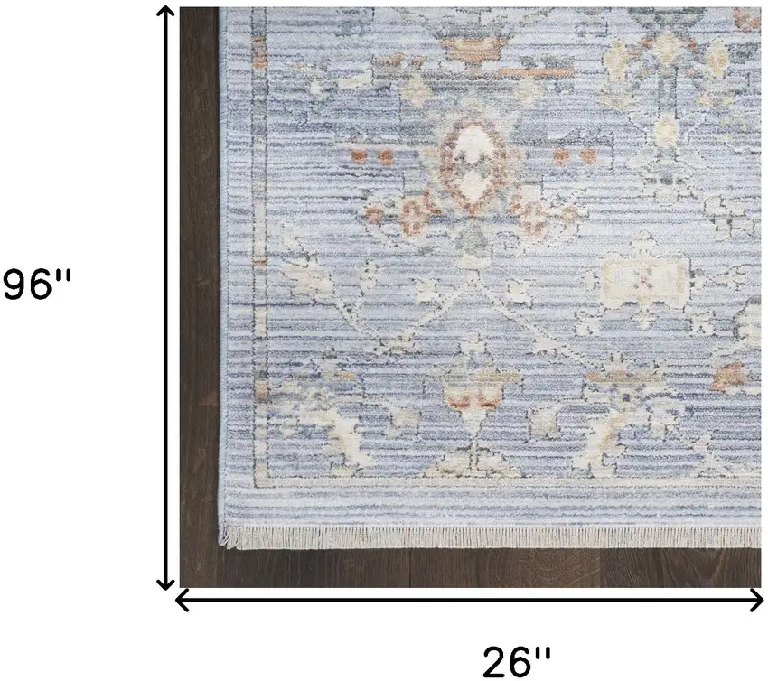 8' Blue and Ivory Oriental Power Loom Distressed Runner Rug With Fringe Photo 8