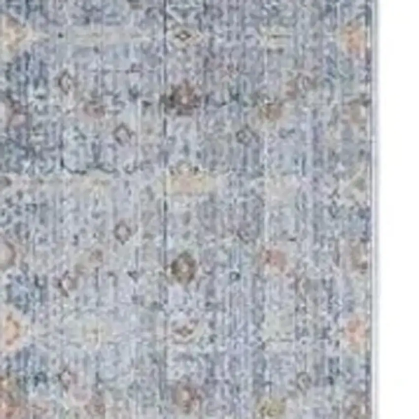 8' Blue and Ivory Oriental Power Loom Distressed Runner Rug With Fringe Photo 3