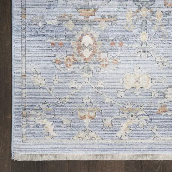 8' Blue and Ivory Oriental Power Loom Distressed Runner Rug With Fringe Photo 9