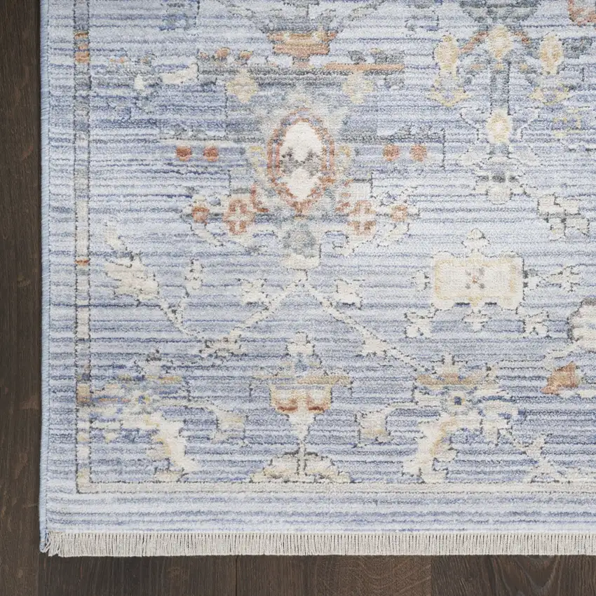 8' Blue and Ivory Oriental Power Loom Distressed Runner Rug With Fringe Photo 9