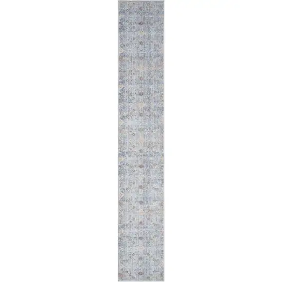 8' Blue and Ivory Oriental Power Loom Distressed Runner Rug With Fringe Photo 2