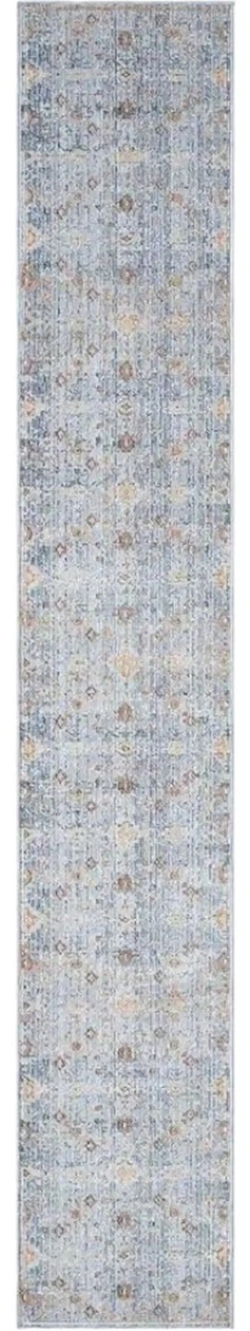 8' Blue and Ivory Oriental Power Loom Distressed Runner Rug With Fringe Photo 2