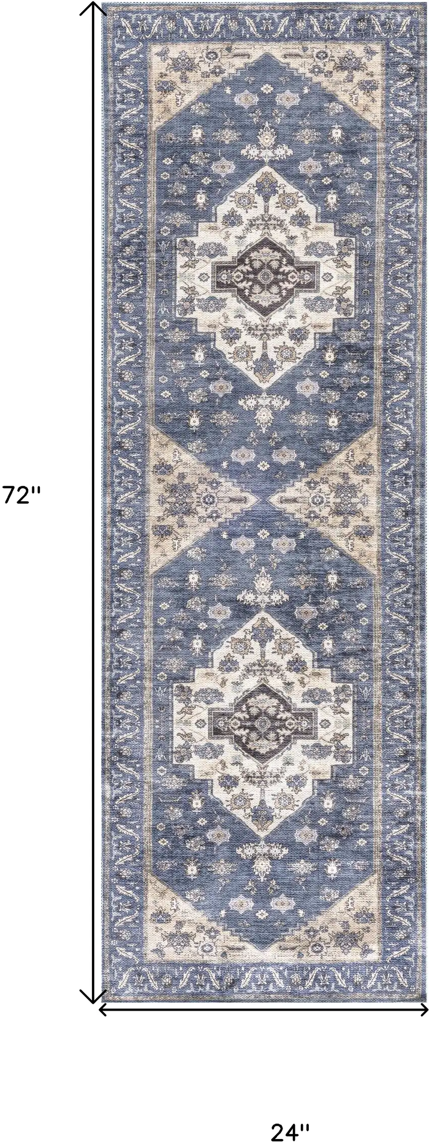 6' Blue and Ivory Oriental Power Loom Distressed Washable Non Skid Runner Rug Photo 9