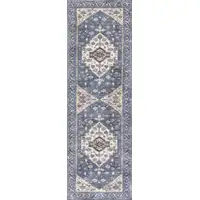 Photo of 6' Blue and Ivory Oriental Power Loom Distressed Washable Non Skid Runner Rug
