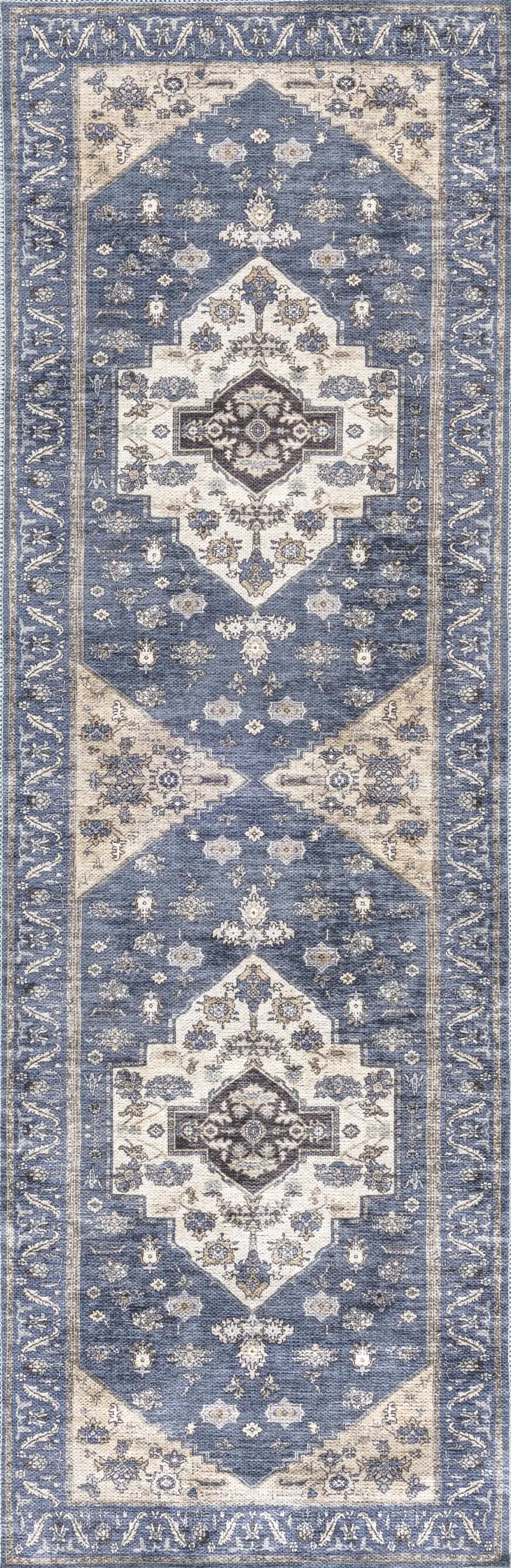 6' Blue and Ivory Oriental Power Loom Distressed Washable Non Skid Runner Rug Photo 1