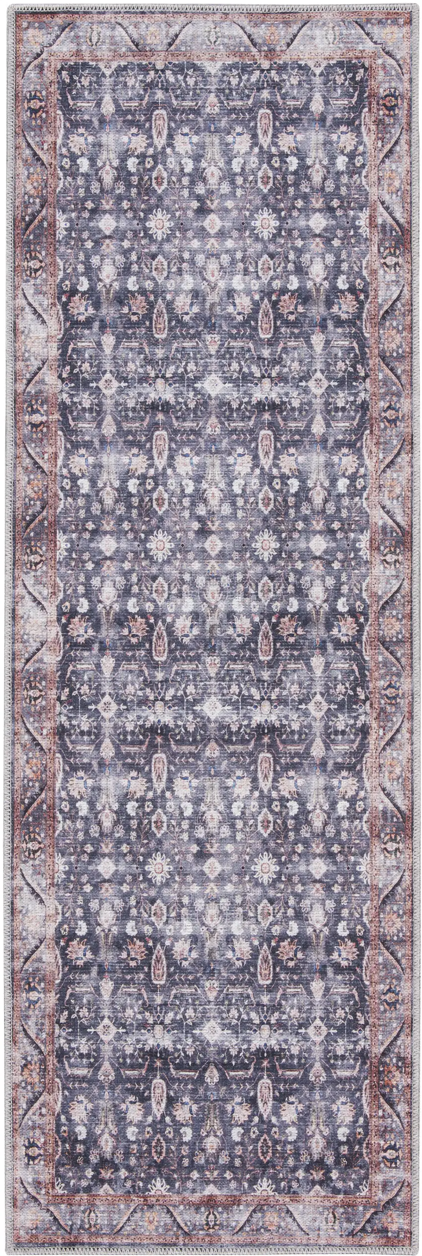 6' Blue and Ivory Oriental Power Loom Distressed Washable Non Skid Runner Rug Photo 1