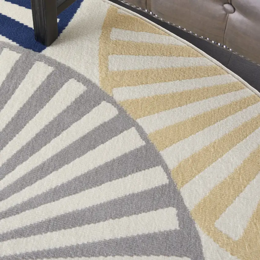 8' Blue and Ivory Round Geometric Power Loom Area Rug Photo 6