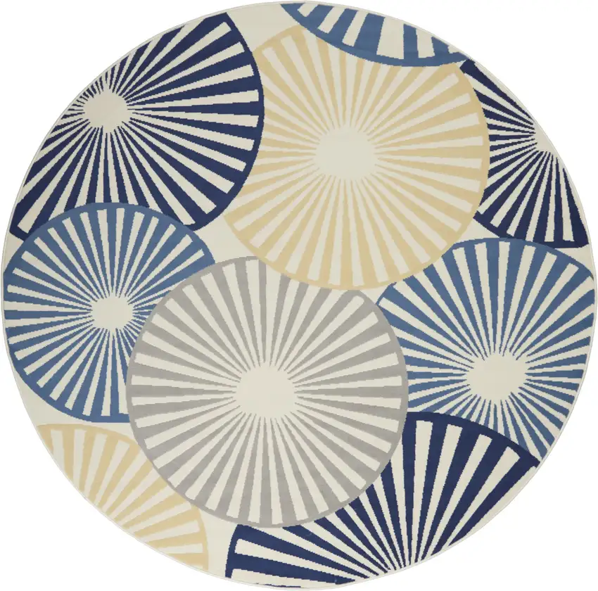 8' Blue and Ivory Round Geometric Power Loom Area Rug Photo 4