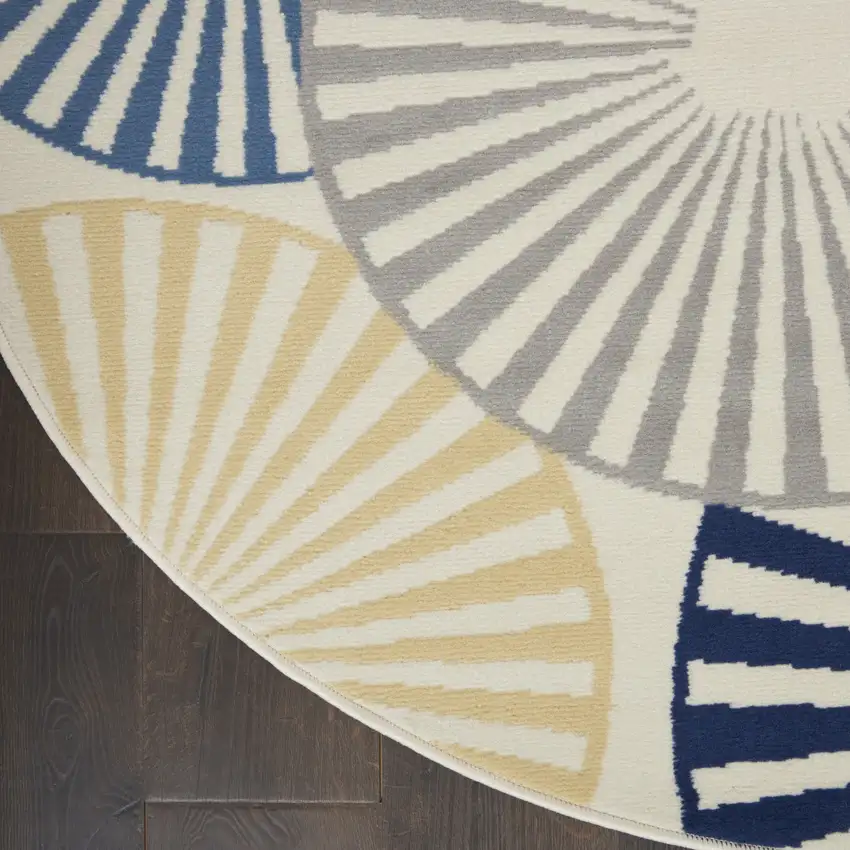 8' Blue and Ivory Round Geometric Power Loom Area Rug Photo 9