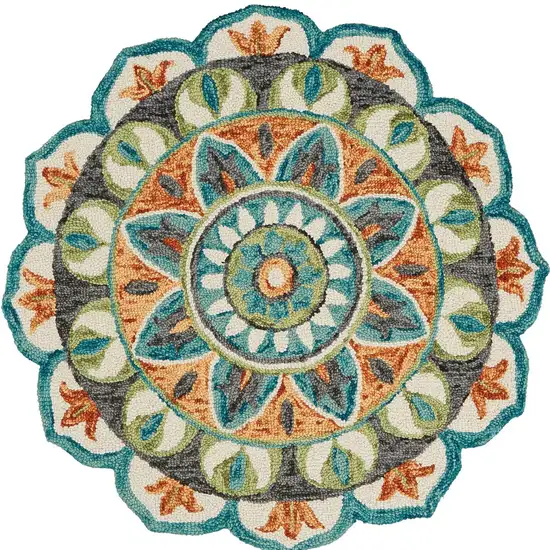 5' Blue and Ivory Round Wool Floral Hand Tufted Area Rug Photo 9