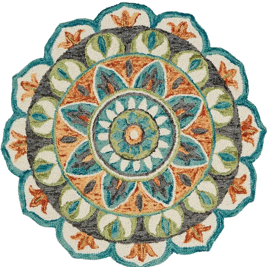 5' Blue and Ivory Round Wool Floral Hand Tufted Area Rug Photo 9