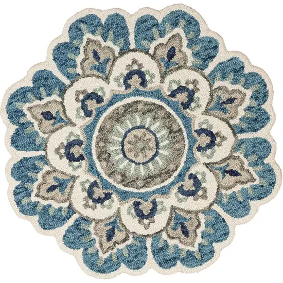 5' Blue and Ivory Round Wool Floral Hand Tufted Area Rug Photo 9