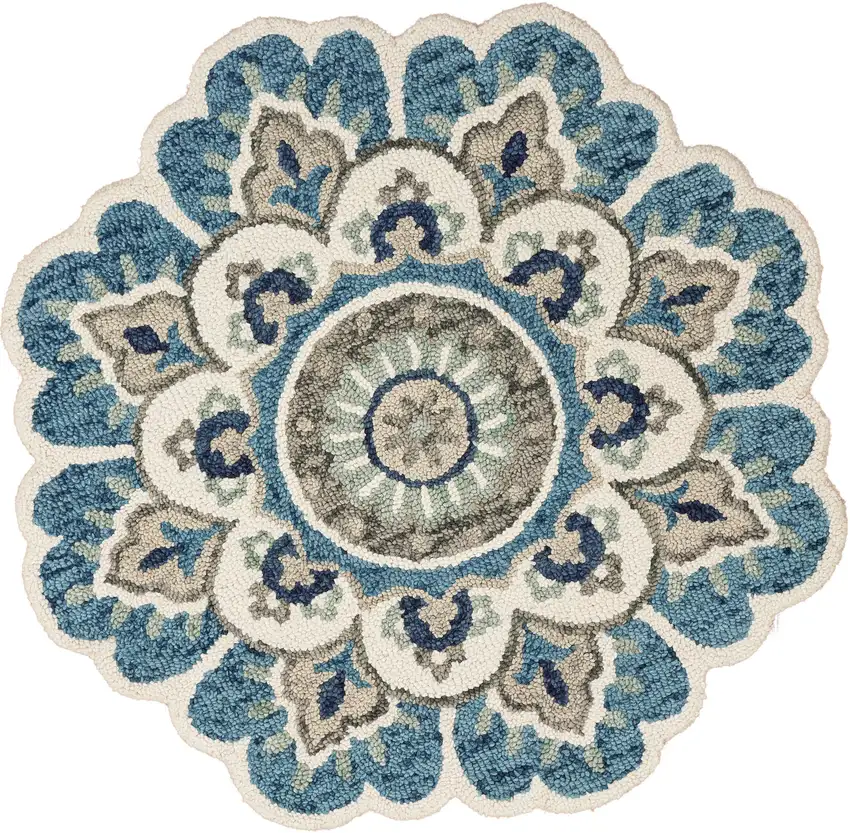 5' Blue and Ivory Round Wool Floral Hand Tufted Area Rug Photo 9