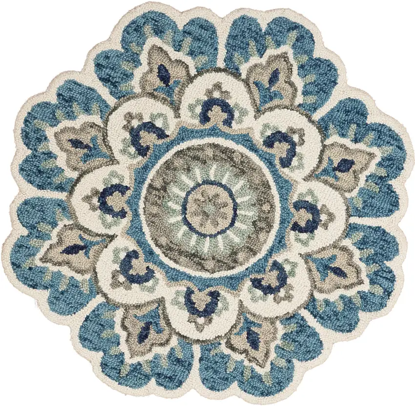5' Blue and Ivory Round Wool Floral Hand Tufted Area Rug Photo 2