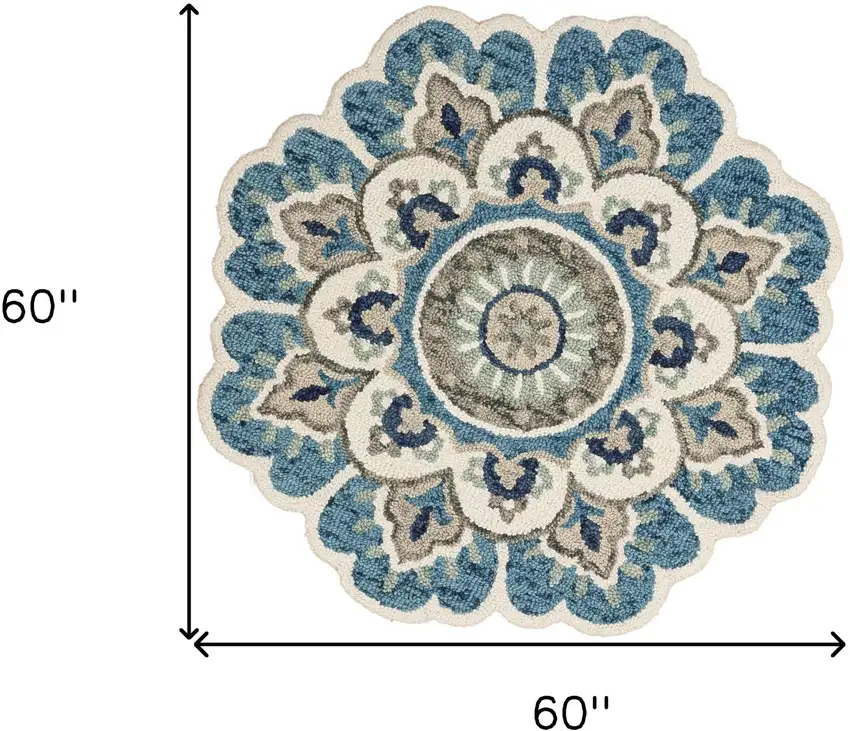 5' Blue and Ivory Round Wool Floral Hand Tufted Area Rug Photo 3