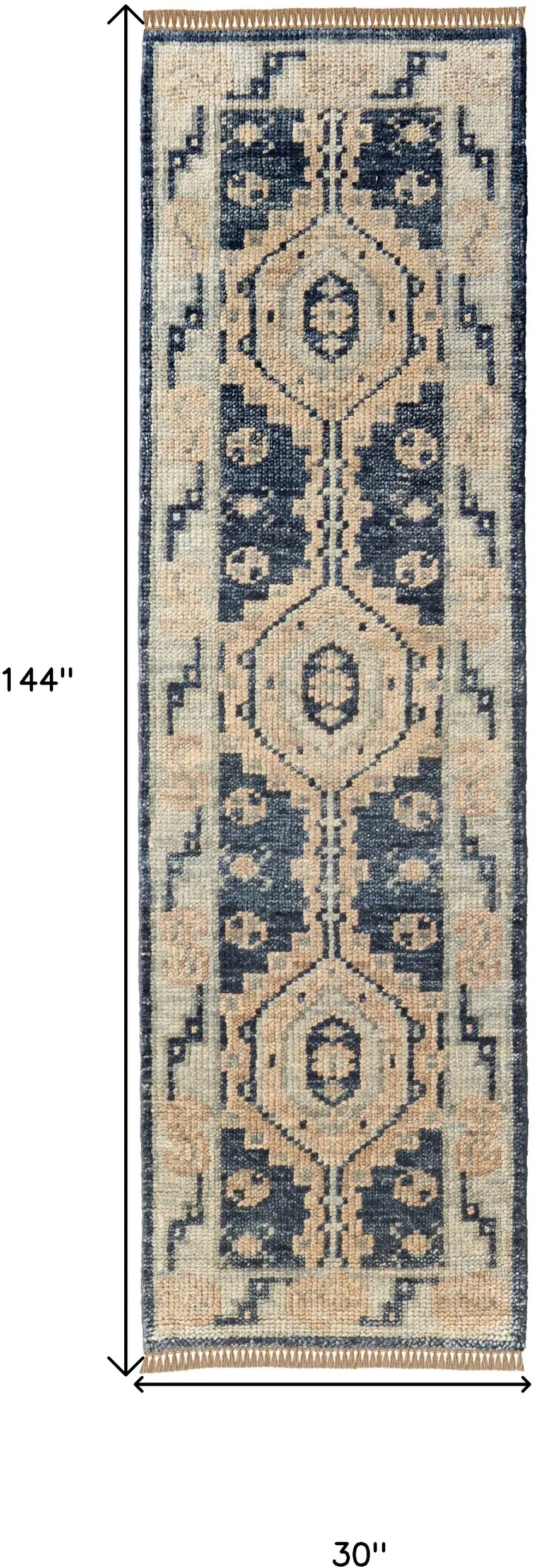 12' Blue and Ivory Wool Geometric Hand Knotted Runner Rug With Fringe Photo 3