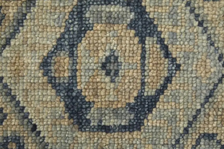 14' Blue and Ivory Wool Geometric Hand Knotted Runner Rug With Fringe Photo 9