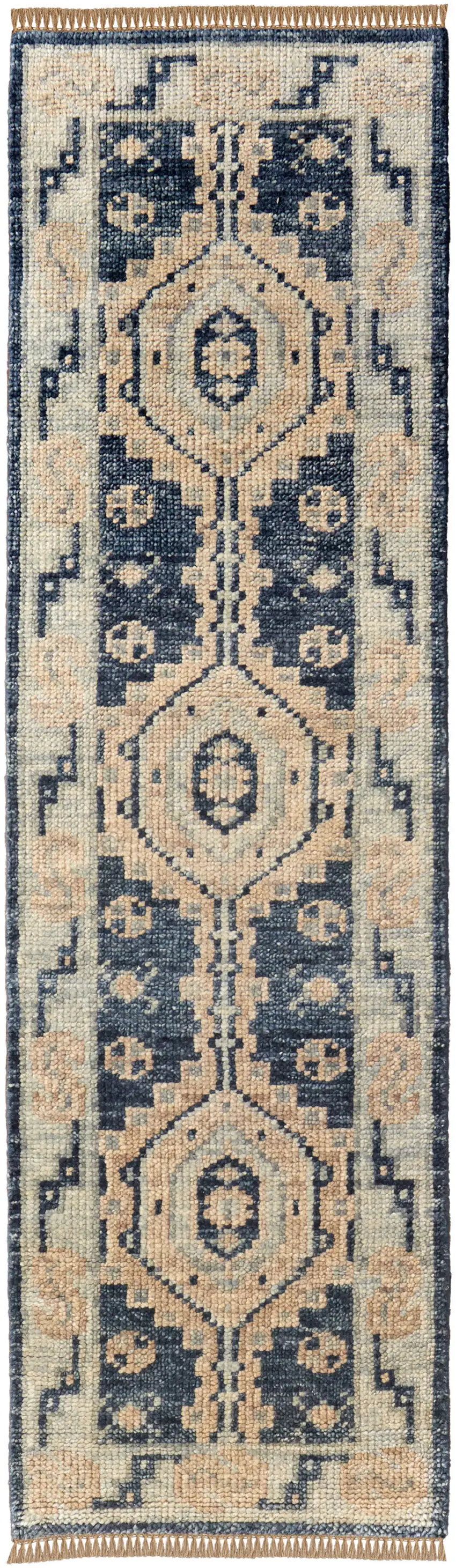 14' Blue and Ivory Wool Geometric Hand Knotted Runner Rug With Fringe Photo 2