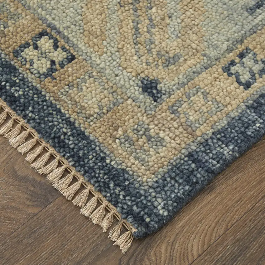 14' Blue and Ivory Wool Geometric Hand Knotted Runner Rug With Fringe Photo 7