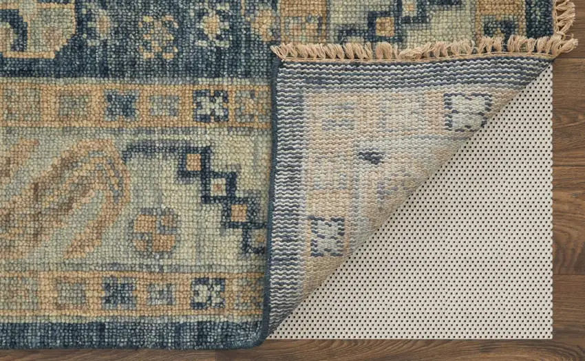 14' Blue and Ivory Wool Geometric Hand Knotted Runner Rug With Fringe Photo 4