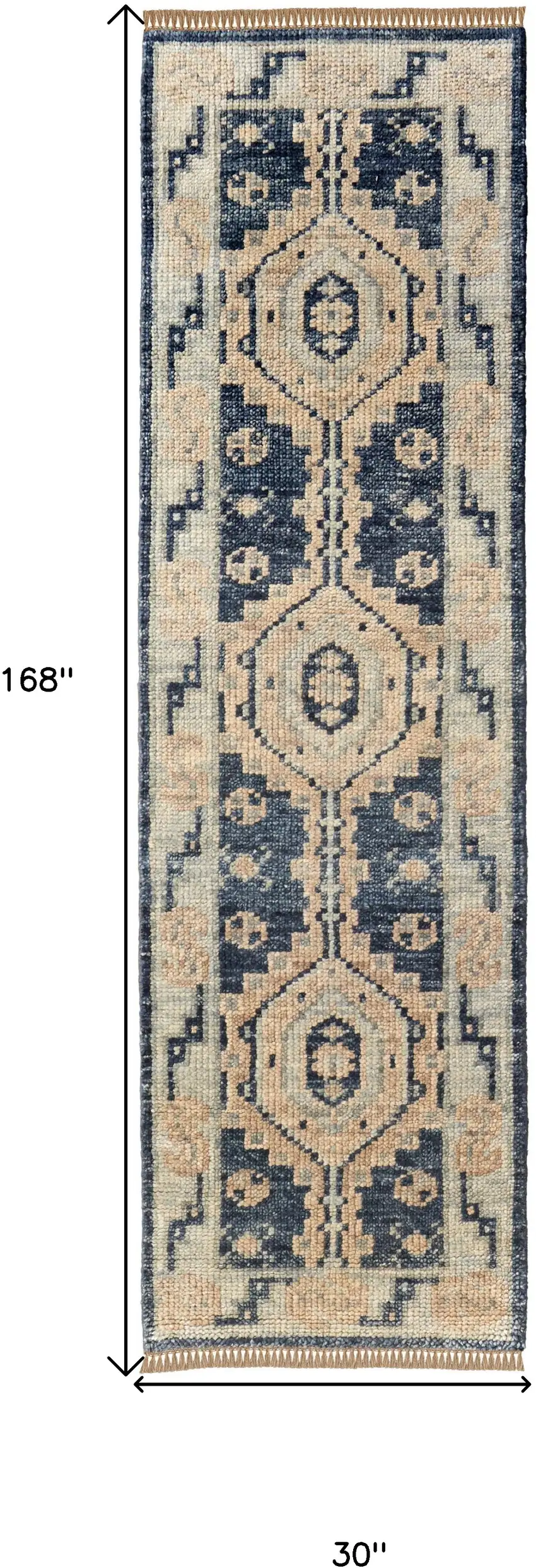 14' Blue and Ivory Wool Geometric Hand Knotted Runner Rug With Fringe Photo 3