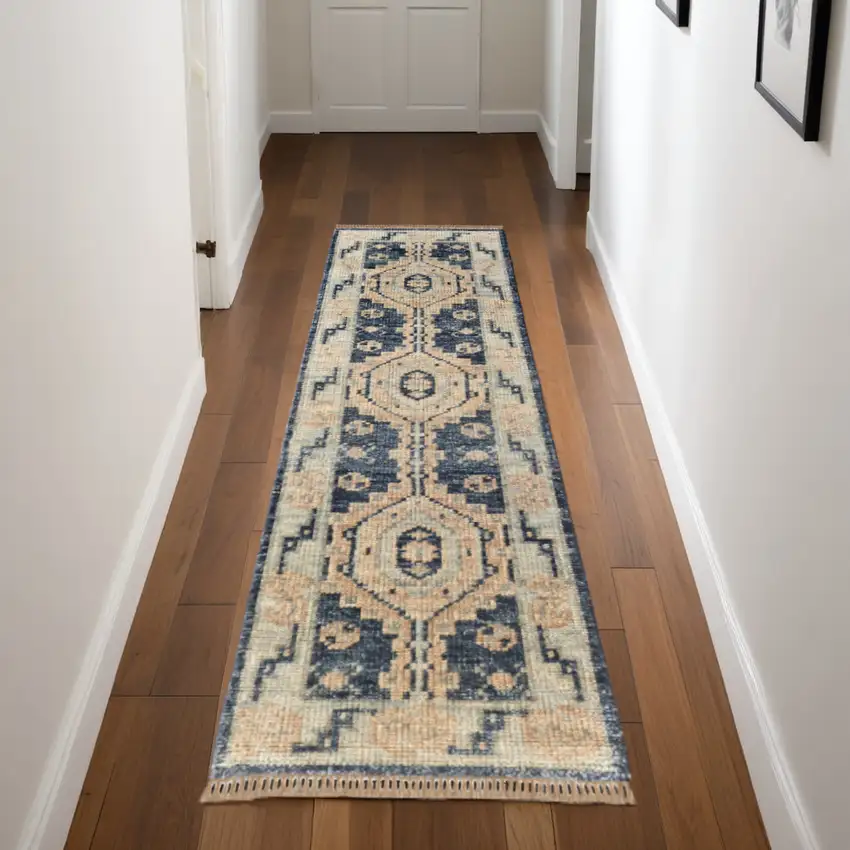 8' Blue and Ivory Wool Geometric Hand Knotted Runner Rug With Fringe Photo 1