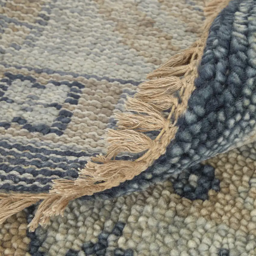 8' Blue and Ivory Wool Geometric Hand Knotted Runner Rug With Fringe Photo 7