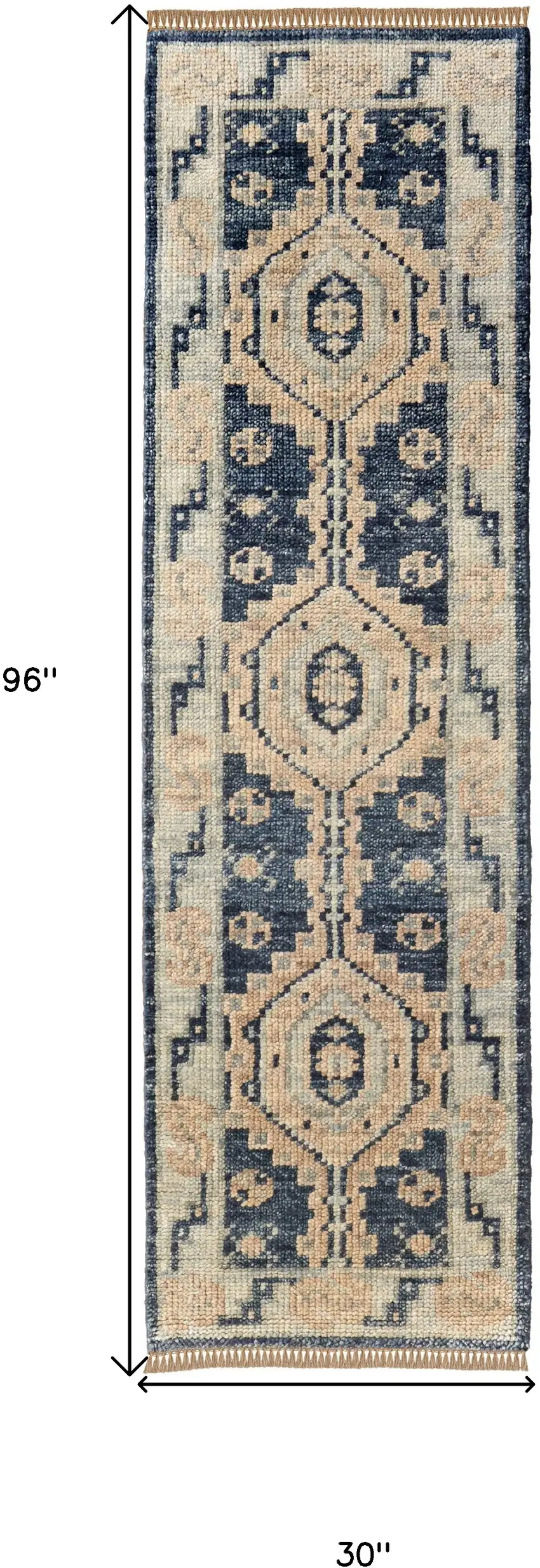 8' Blue and Ivory Wool Geometric Hand Knotted Runner Rug With Fringe Photo 3