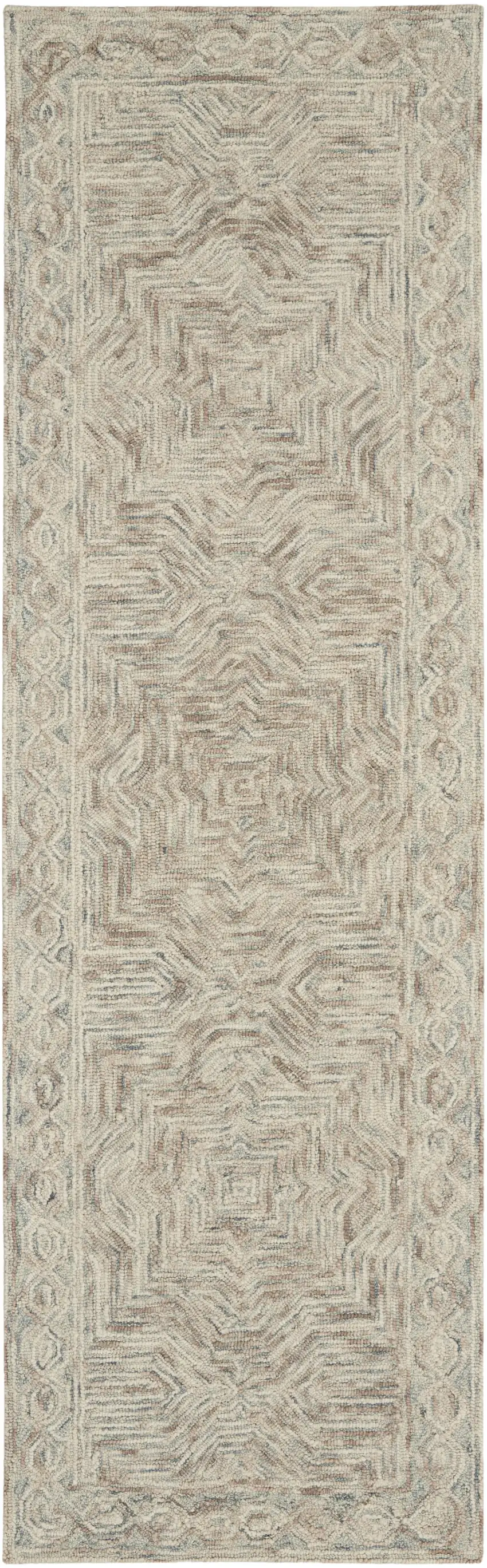 8' Blue and Ivory Wool Geometric Runner Rug Photo 1