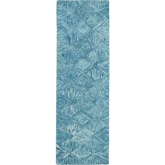 8' Blue and Ivory Wool Geometric Runner Rug Photo 1