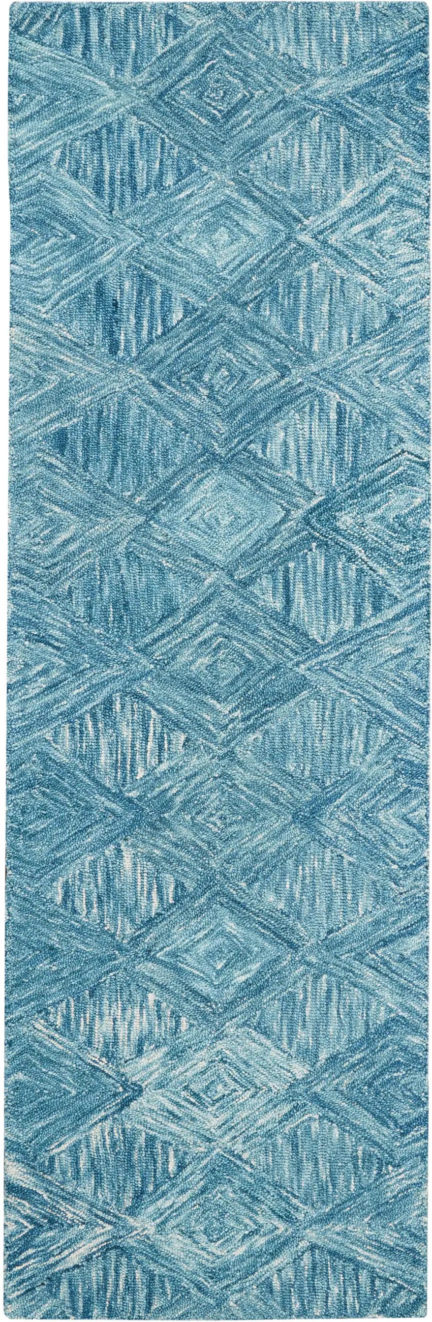 8' Blue and Ivory Wool Geometric Runner Rug Photo 1