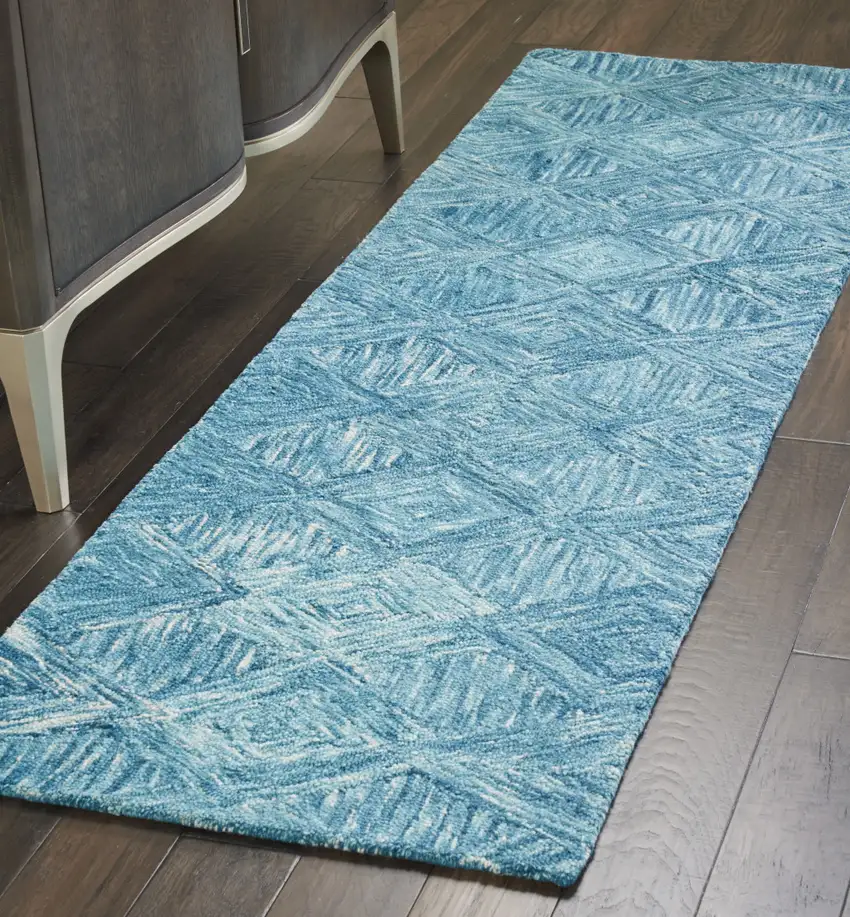 8' Blue and Ivory Wool Geometric Runner Rug Photo 8