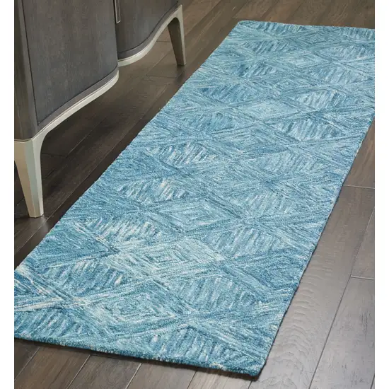 8' Blue and Ivory Wool Geometric Runner Rug Photo 6