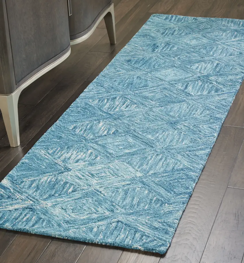8' Blue and Ivory Wool Geometric Runner Rug Photo 6