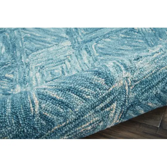 8' Blue and Ivory Wool Geometric Runner Rug Photo 7