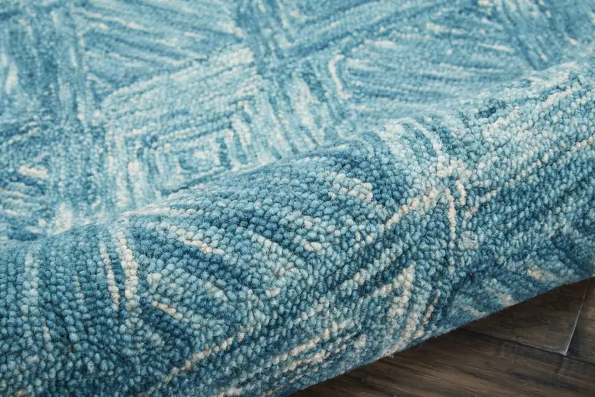 8' Blue and Ivory Wool Geometric Runner Rug Photo 7