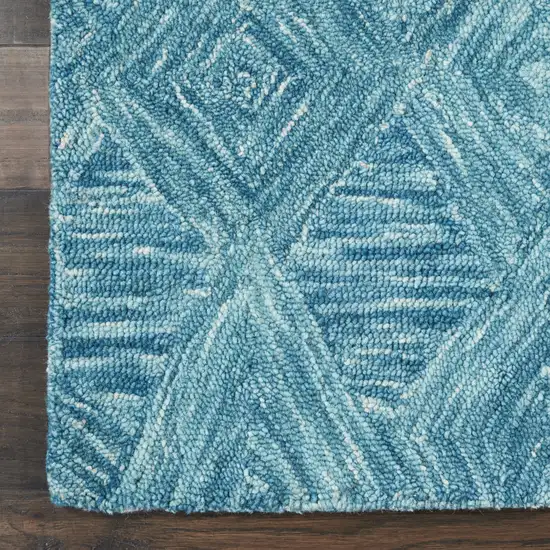 8' Blue and Ivory Wool Geometric Runner Rug Photo 9