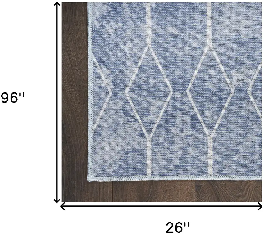 8' Blue and Off White Geometric Power Loom Washable Runner Rug Photo 7