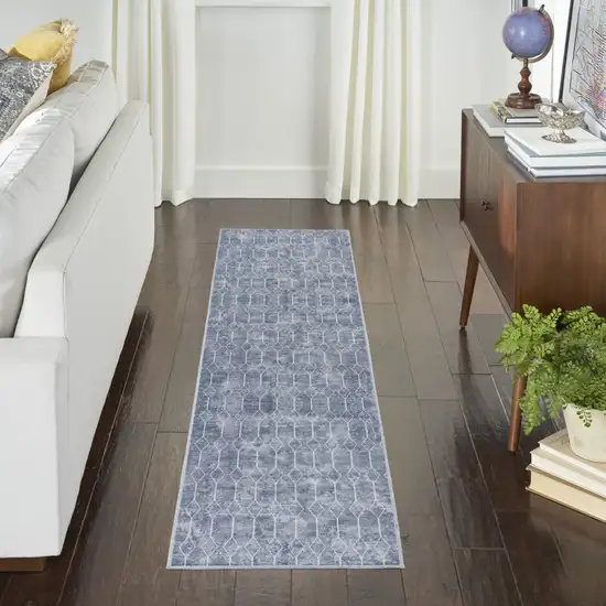 8' Blue and Off White Geometric Power Loom Washable Runner Rug Photo 6