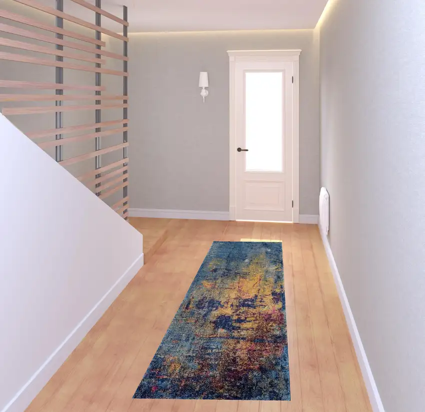 7' Blue and Orange Abstract Power Loom Runner Rug Photo 3