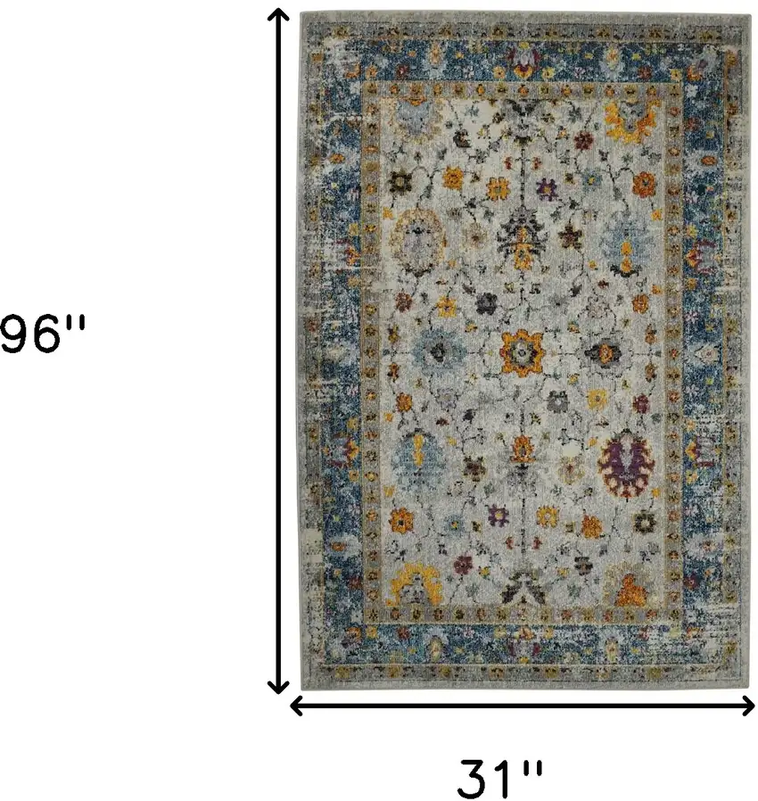 8' Blue and Orange Floral Power Loom Runner Rug Photo 6