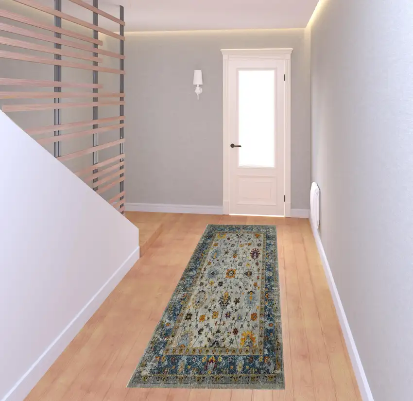 8' Blue and Orange Floral Power Loom Runner Rug Photo 2