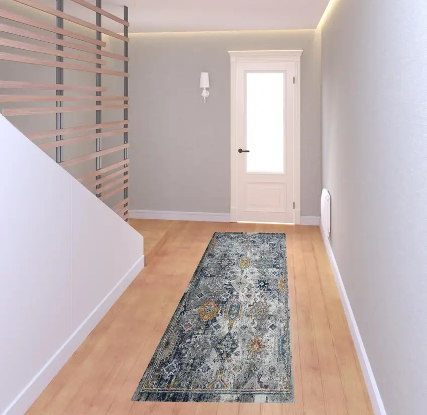 8' Blue and Orange Geometric Power Loom Runner Rug Photo 2