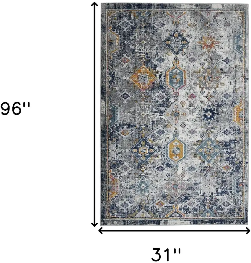 8' Blue and Orange Geometric Power Loom Runner Rug Photo 8