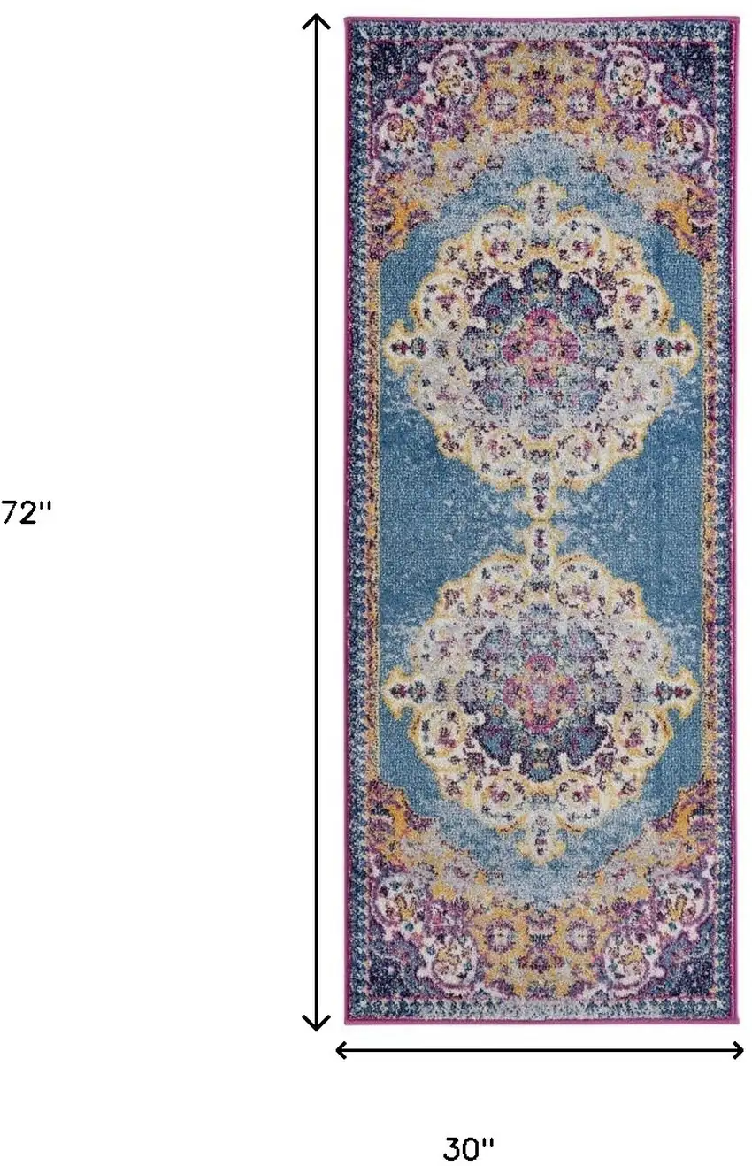 6' Blue and Orange Medallion Power Loom Runner Rug Photo 7