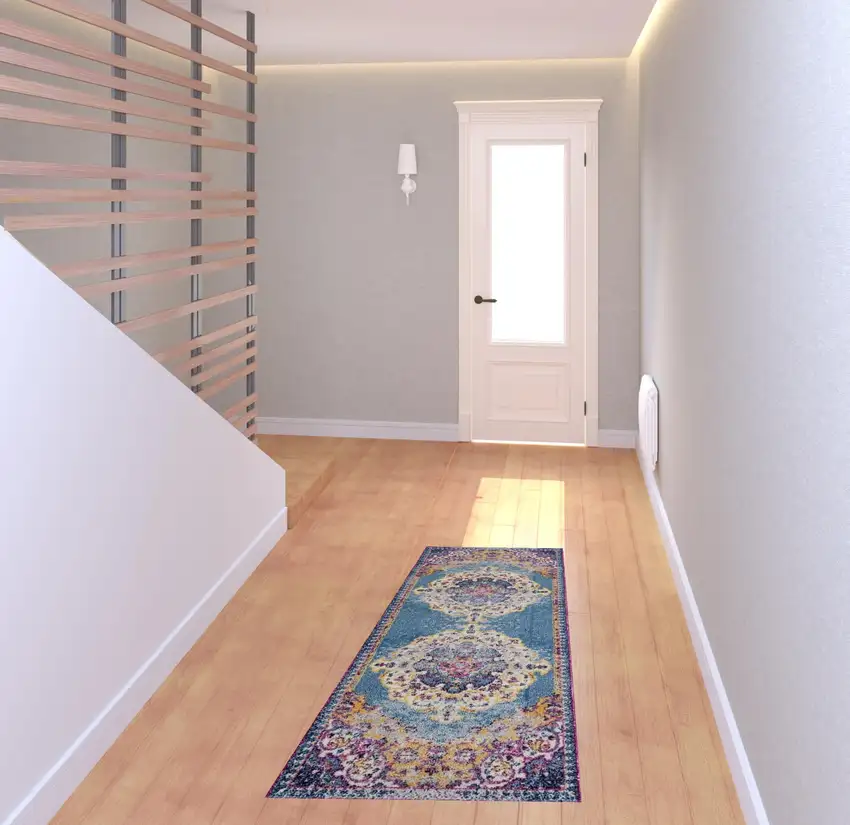 6' Blue and Orange Medallion Power Loom Runner Rug Photo 3