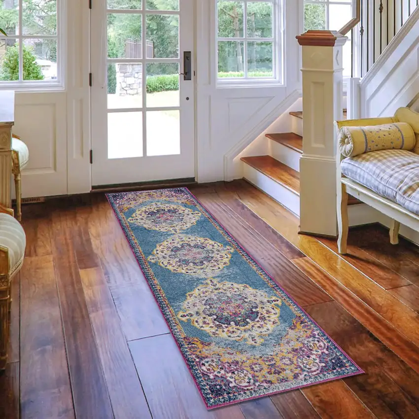 7' Blue and Orange Medallion Power Loom Runner Rug Photo 6