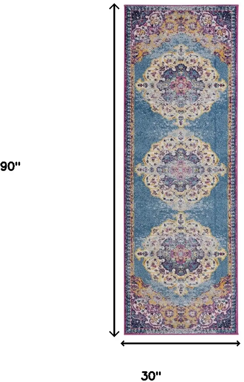 7' Blue and Orange Medallion Power Loom Runner Rug Photo 7